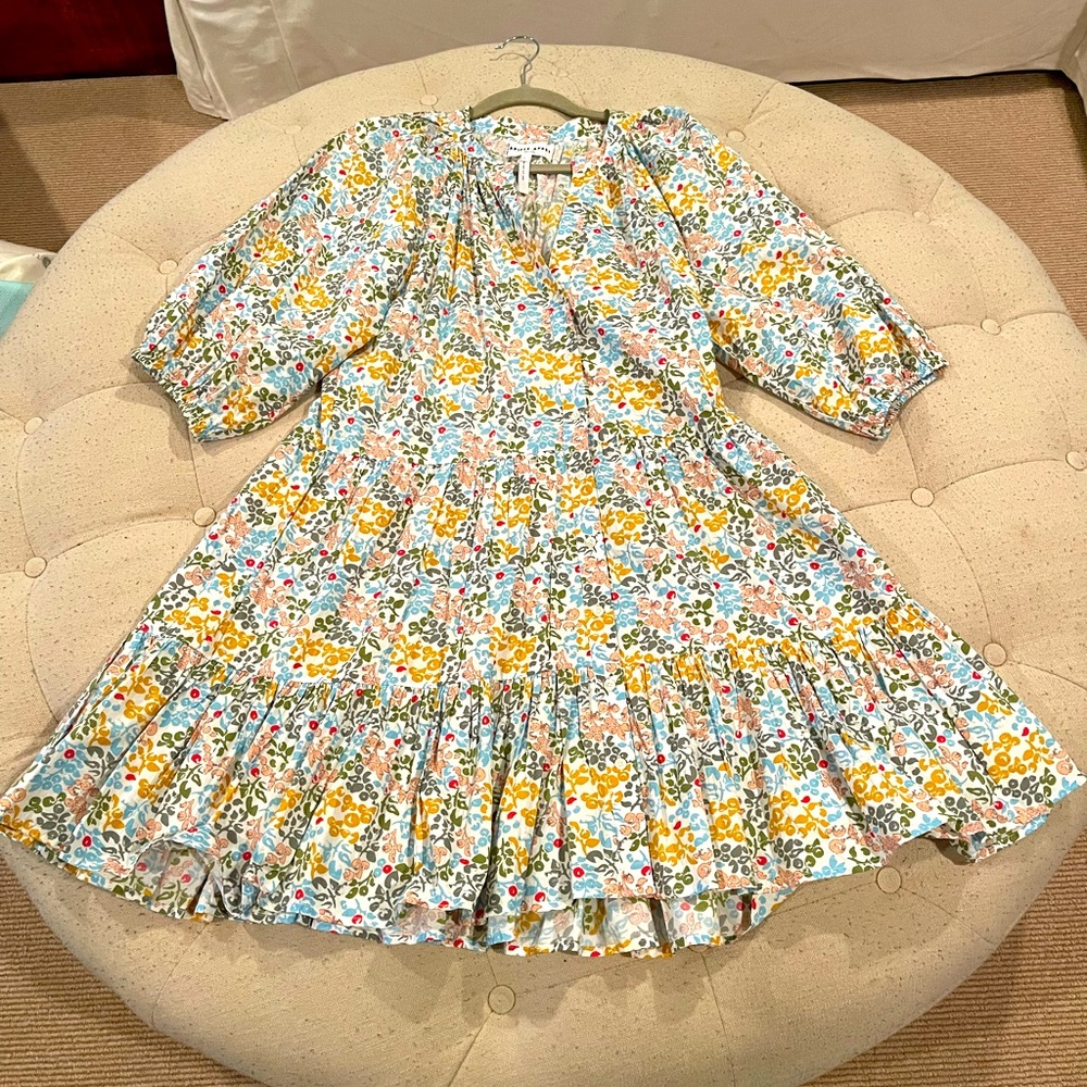 Apiece Apart Floral Tiered Cotton Dress in White, Yellow, Blue, Green